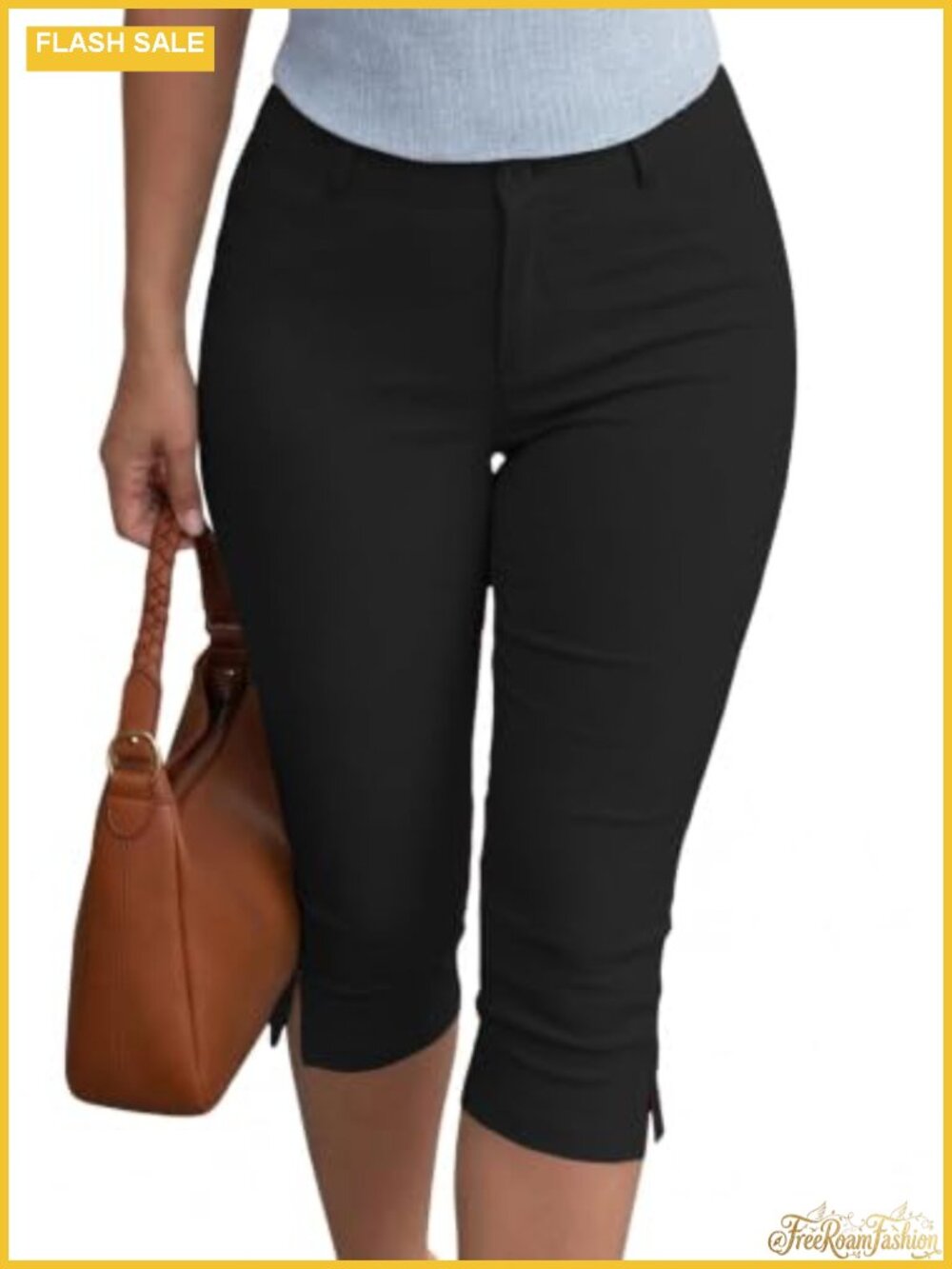 Women's Capri Pants Stretch Slim Fit High Waist Side Slit Work Casual